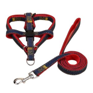 Coleira Peitoral Americano Pet com Guia Jeans Azul com Vermelho