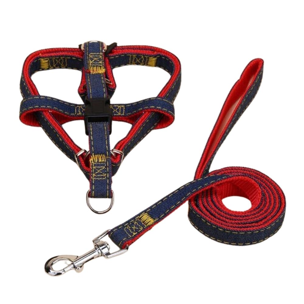 Coleira Peitoral Americano Pet com Guia Jeans Azul com Vermelho