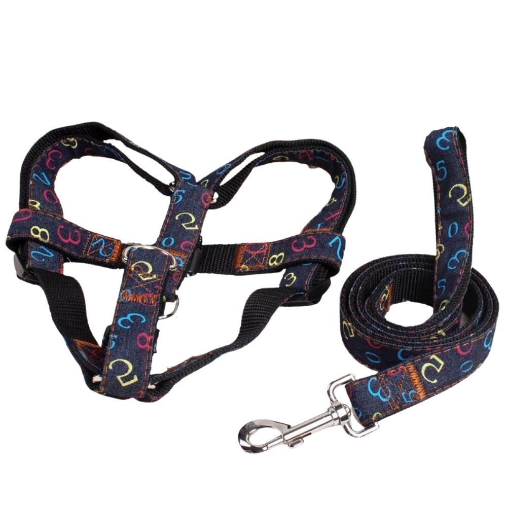 Coleira Peitoral Americano Guia Jeans Azul e Preto Números