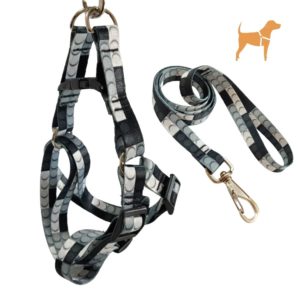 Coleira Peitoral Americano com Guia para Cachorro Bolinhas Brancas e Pretas