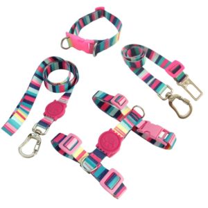 Kit Coleira Peitoral H Antipuxão Guia e Cinto Cachorro Listras Rosas