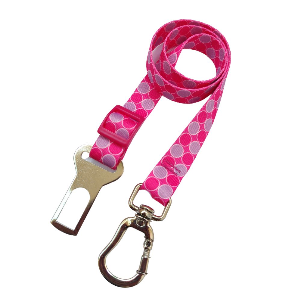 Cinto de Segurança Para Cachorro e Gato com Trava Rosa Bolinhas