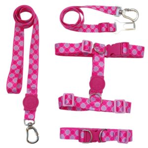 Kit Coleira Peitoral H Antipuxão Guia e Cinto Para Cachorro Rosa Bolinhas