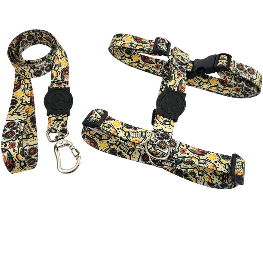 Peitoral H Antipuxão Para Cachorro com Guia e Trava Caveira Mexicana