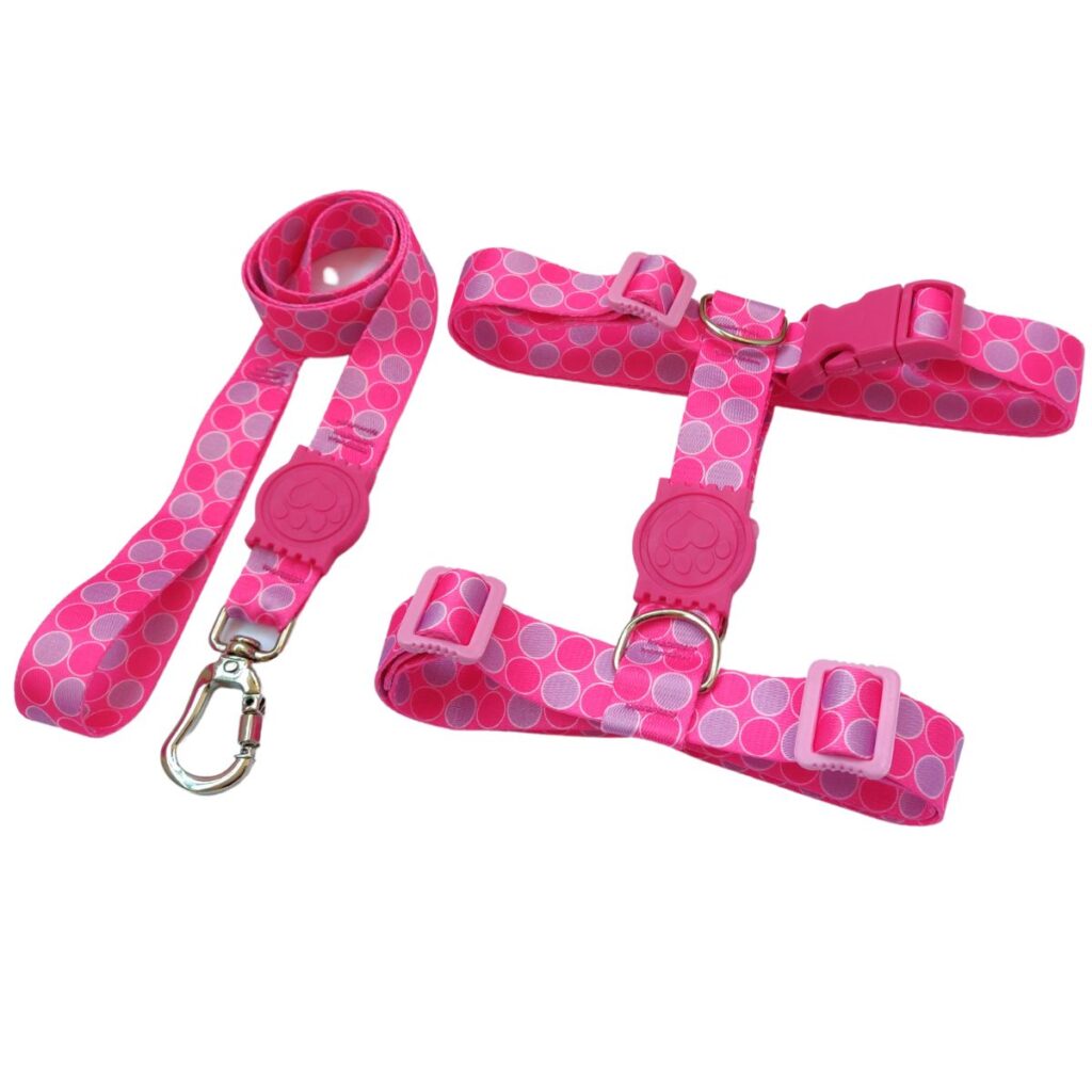 Peitoral H Antipuxão Para Cachorro com Guia Rosa Bolinhas