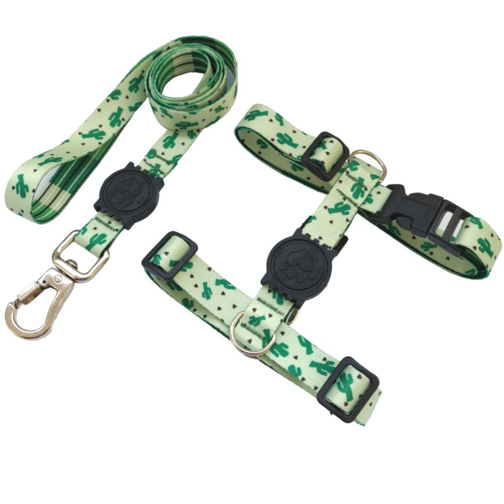 Peitoral H Antipuxão Para Cachorro com Guia e Trava Verde Estampa Cactos