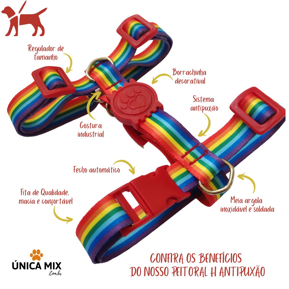 Peitoral H Antipuxão Para Cachorro com Guia e Trava Arco Íris - Imagem 2
